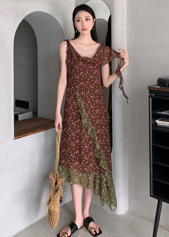 Beautiful Chocolate Ruffled Patchwork Print Chiffon Long Dresses Sleeveless Ada Fashion