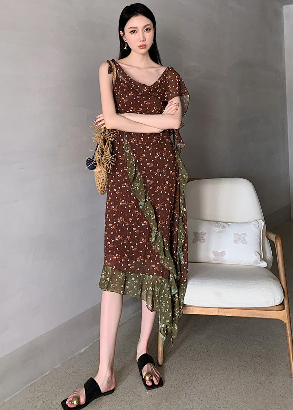 Beautiful Chocolate Ruffled Patchwork Print Chiffon Long Dresses Sleeveless Ada Fashion