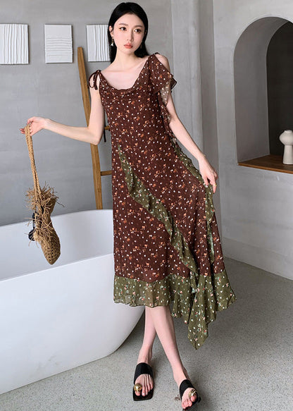 Beautiful Chocolate Ruffled Patchwork Print Chiffon Long Dresses Sleeveless Ada Fashion