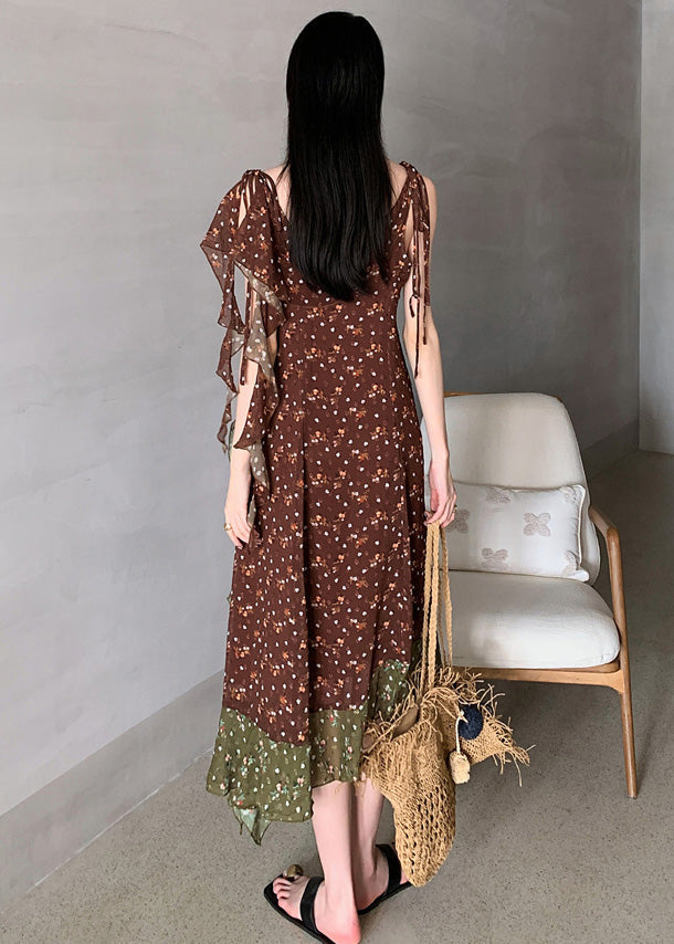 Beautiful Chocolate Ruffled Patchwork Print Chiffon Long Dresses Sleeveless Ada Fashion