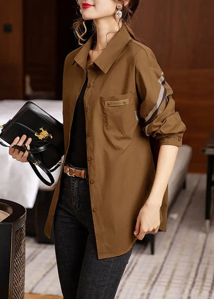 Beautiful Coffee Peter Pan Collar Button Patchwork Cotton Shirt Fall Ada Fashion