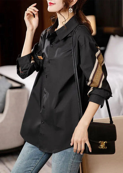 Beautiful Coffee Peter Pan Collar Button Patchwork Cotton Shirt Fall Ada Fashion