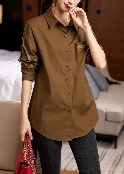 Beautiful Coffee Peter Pan Collar Button Patchwork Cotton Shirt Fall Ada Fashion