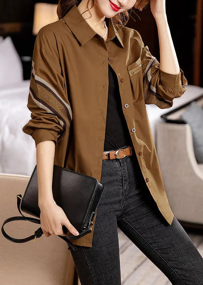 Beautiful Coffee Peter Pan Collar Button Patchwork Cotton Shirt Fall Ada Fashion