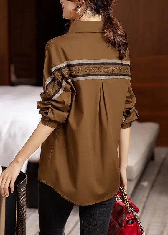 Beautiful Coffee Peter Pan Collar Button Patchwork Cotton Shirt Fall Ada Fashion