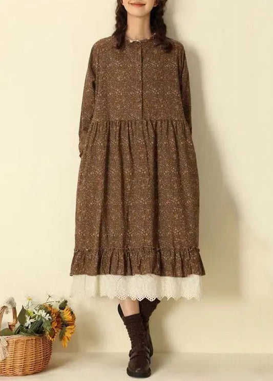 Beautiful Coffee Ruffled Print Pockets Patchwork Cotton Long Dresses Fall Ada Fashion