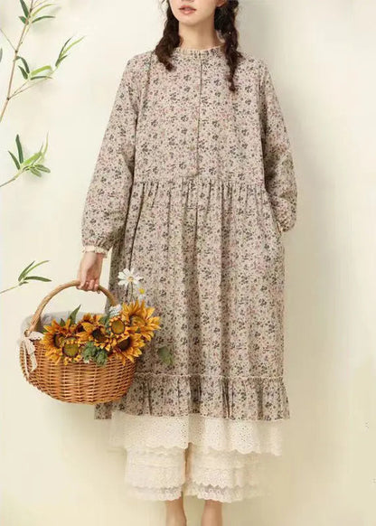 Beautiful Coffee Ruffled Print Pockets Patchwork Cotton Long Dresses Fall Ada Fashion