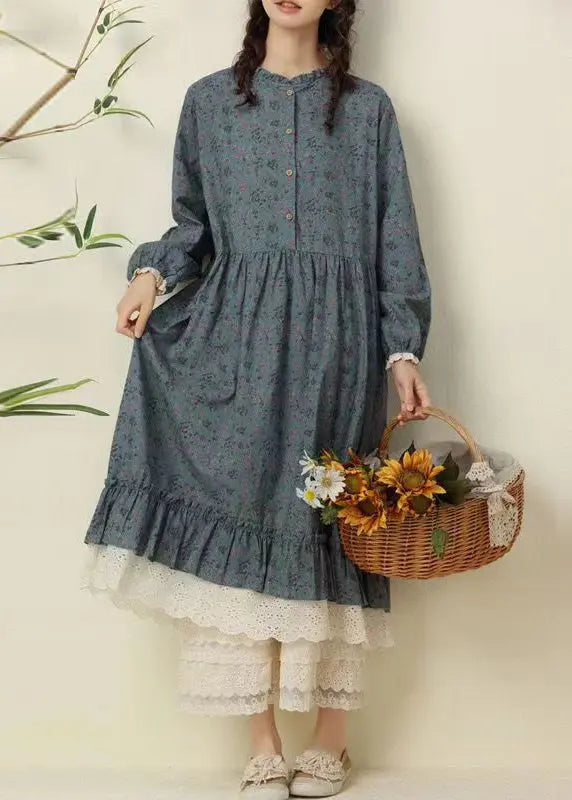 Beautiful Coffee Ruffled Print Pockets Patchwork Cotton Long Dresses Fall Ada Fashion