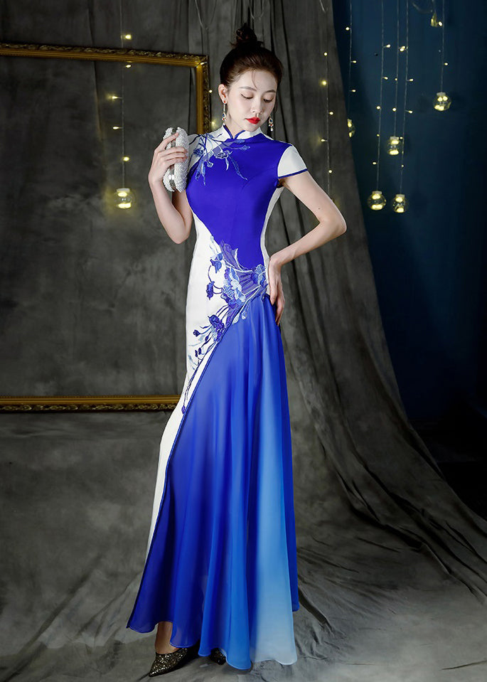 Beautiful Colorblock Stand Collar Print Patchwork Maxi Dresses Summer Ada Fashion