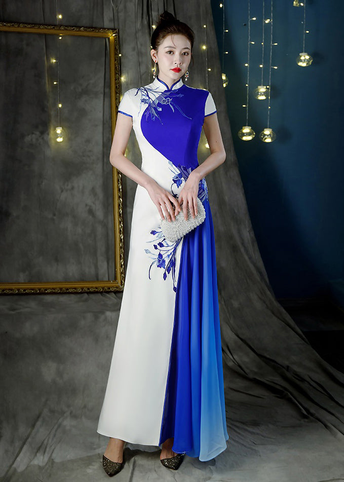 Beautiful Colorblock Stand Collar Print Patchwork Maxi Dresses Summer Ada Fashion