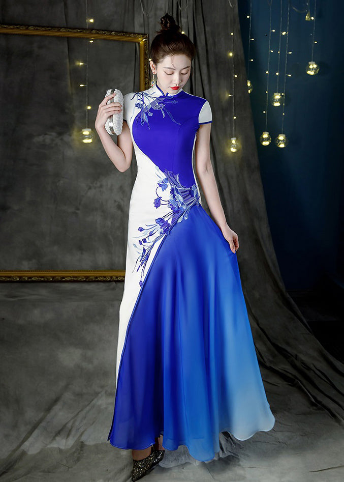 Beautiful Colorblock Stand Collar Print Patchwork Maxi Dresses Summer Ada Fashion