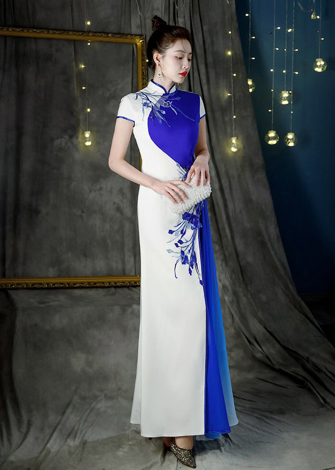 Beautiful Colorblock Stand Collar Print Patchwork Maxi Dresses Summer Ada Fashion