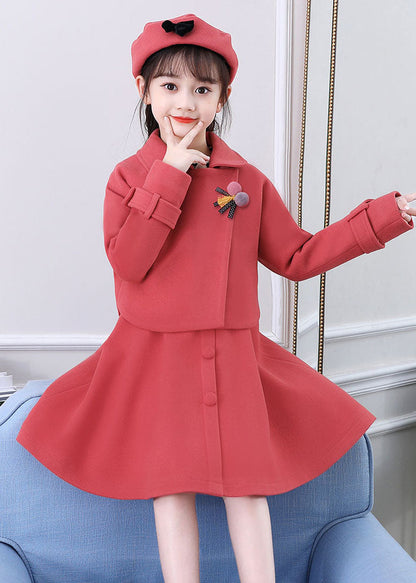 Beautiful Dousha Red Peter Pan Collar Coats And Dress Cotton Kids Two Pieces Set Long Sleeve Ada Fashion