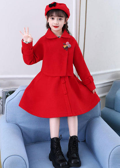 Beautiful Dousha Red Peter Pan Collar Coats And Dress Cotton Kids Two Pieces Set Long Sleeve Ada Fashion