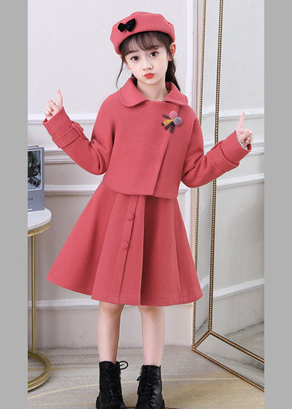 Beautiful Dousha Red Peter Pan Collar Coats And Dress Cotton Kids Two Pieces Set Long Sleeve Ada Fashion