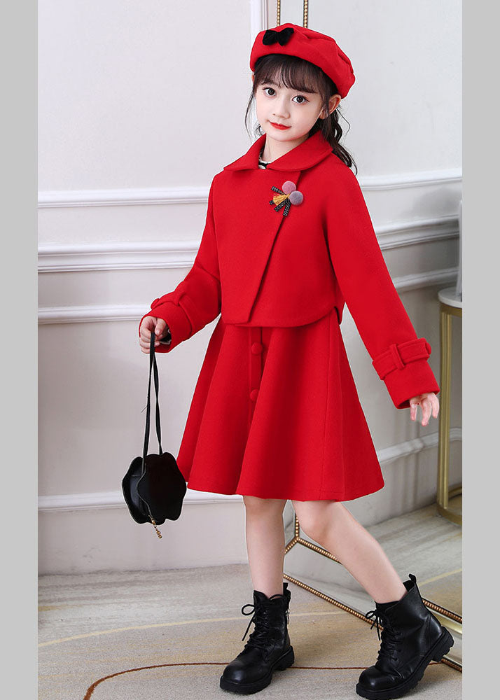 Beautiful Dousha Red Peter Pan Collar Coats And Dress Cotton Kids Two Pieces Set Long Sleeve Ada Fashion