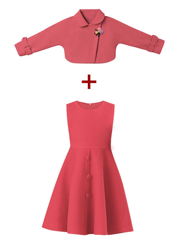 Beautiful Dousha Red Peter Pan Collar Coats And Dress Cotton Kids Two Pieces Set Long Sleeve Ada Fashion