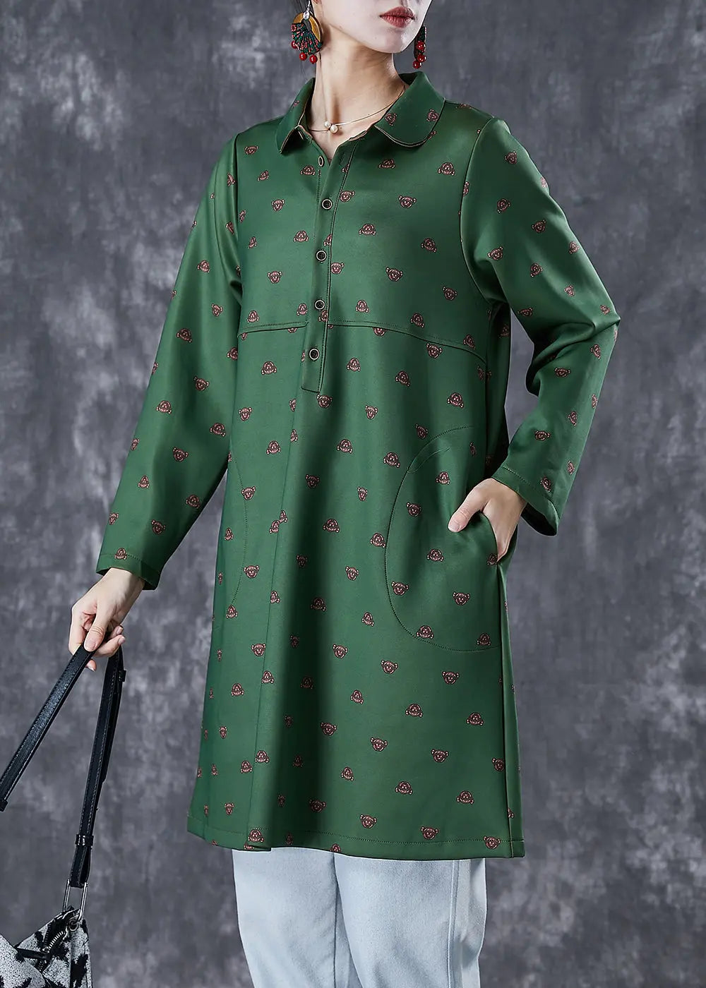 Beautiful Dull Green Peter Pan Collar Print Cotton Dress Fall Ada Fashion