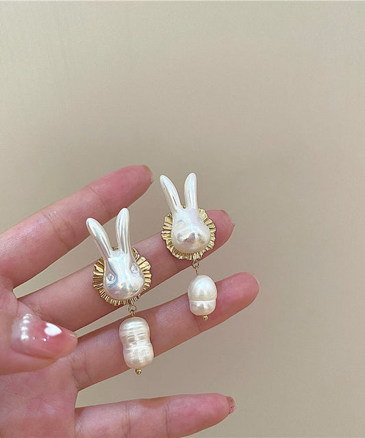 Beautiful Gold Sterling Silver Alloy Pearl Rabbit Drop Earrings LY1801 - fabuloryshop