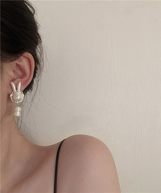Beautiful Gold Sterling Silver Alloy Pearl Rabbit Drop Earrings LY1801 - fabuloryshop