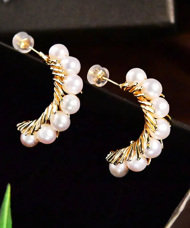 Beautiful Gold Sterling Silver Overgild Pearl Hoop Earrings Ada Fashion