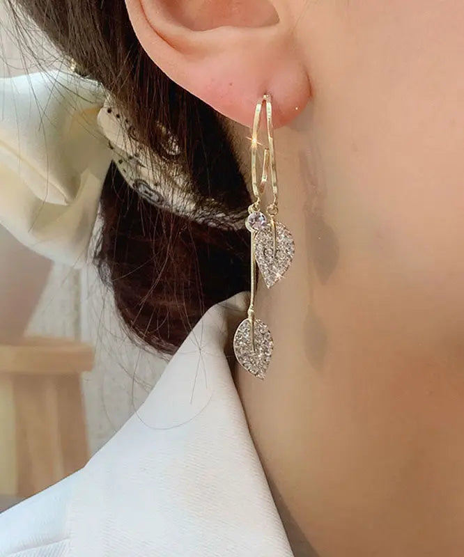 Beautiful Gold Sterling Silver Zircon Leaf Drop Earrings Ada Fashion