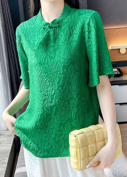 Beautiful Green Chinese Button Jacquard Patchwork Silk Blouse Tops Short Sleeve LY4574 - fabuloryshop