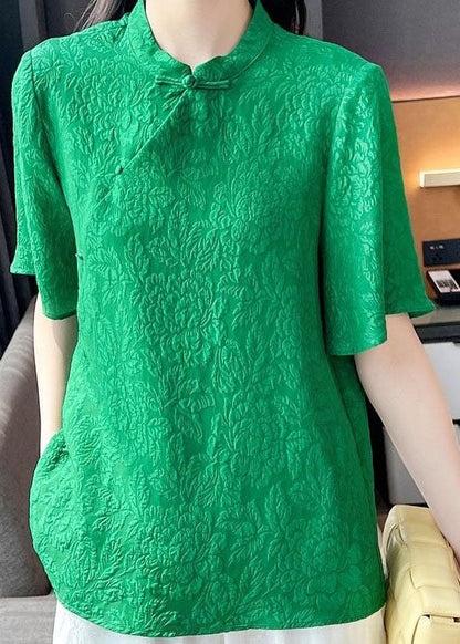 Beautiful Green Chinese Button Jacquard Patchwork Silk Blouse Tops Short Sleeve LY4574 - fabuloryshop