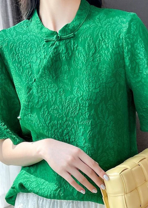 Beautiful Green Chinese Button Jacquard Patchwork Silk Blouse Tops Short Sleeve LY4574 - fabuloryshop