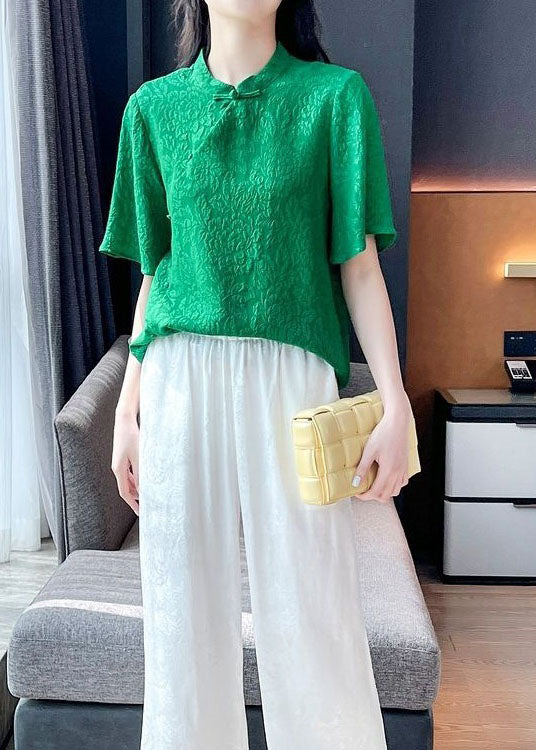 Beautiful Green Chinese Button Jacquard Patchwork Silk Blouse Tops Short Sleeve LY4574 - fabuloryshop