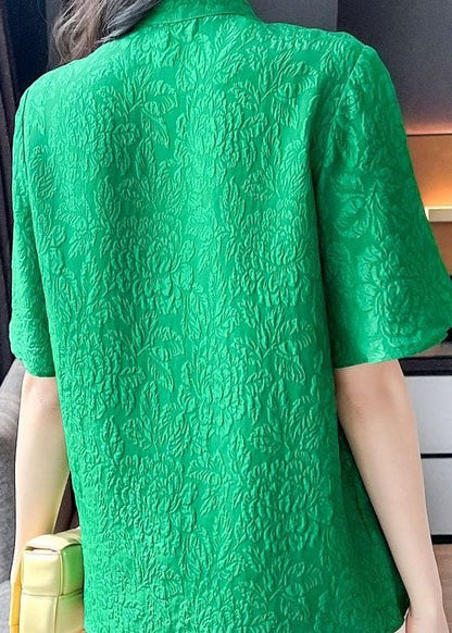 Beautiful Green Chinese Button Jacquard Patchwork Silk Blouse Tops Short Sleeve LY4574 - fabuloryshop