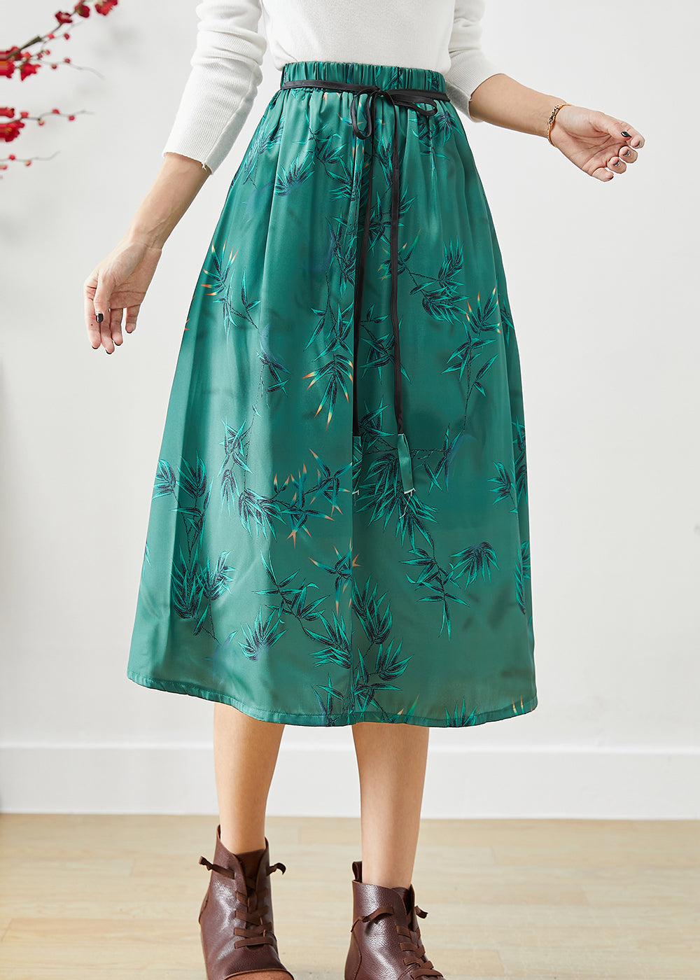 Beautiful Green Embroideried Bow Silk A Line Skirt Fall Ada Fashion