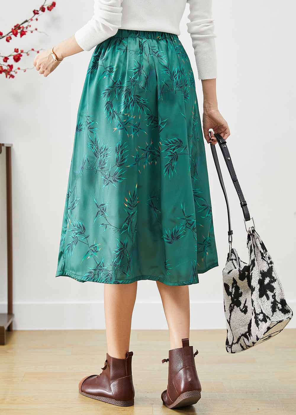 Beautiful Green Embroideried Bow Silk A Line Skirt Fall Ada Fashion