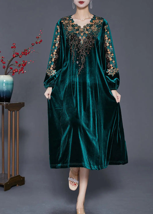 Beautiful Green Embroideried Hollow Out Silk Velour Dress Fall Ada Fashion