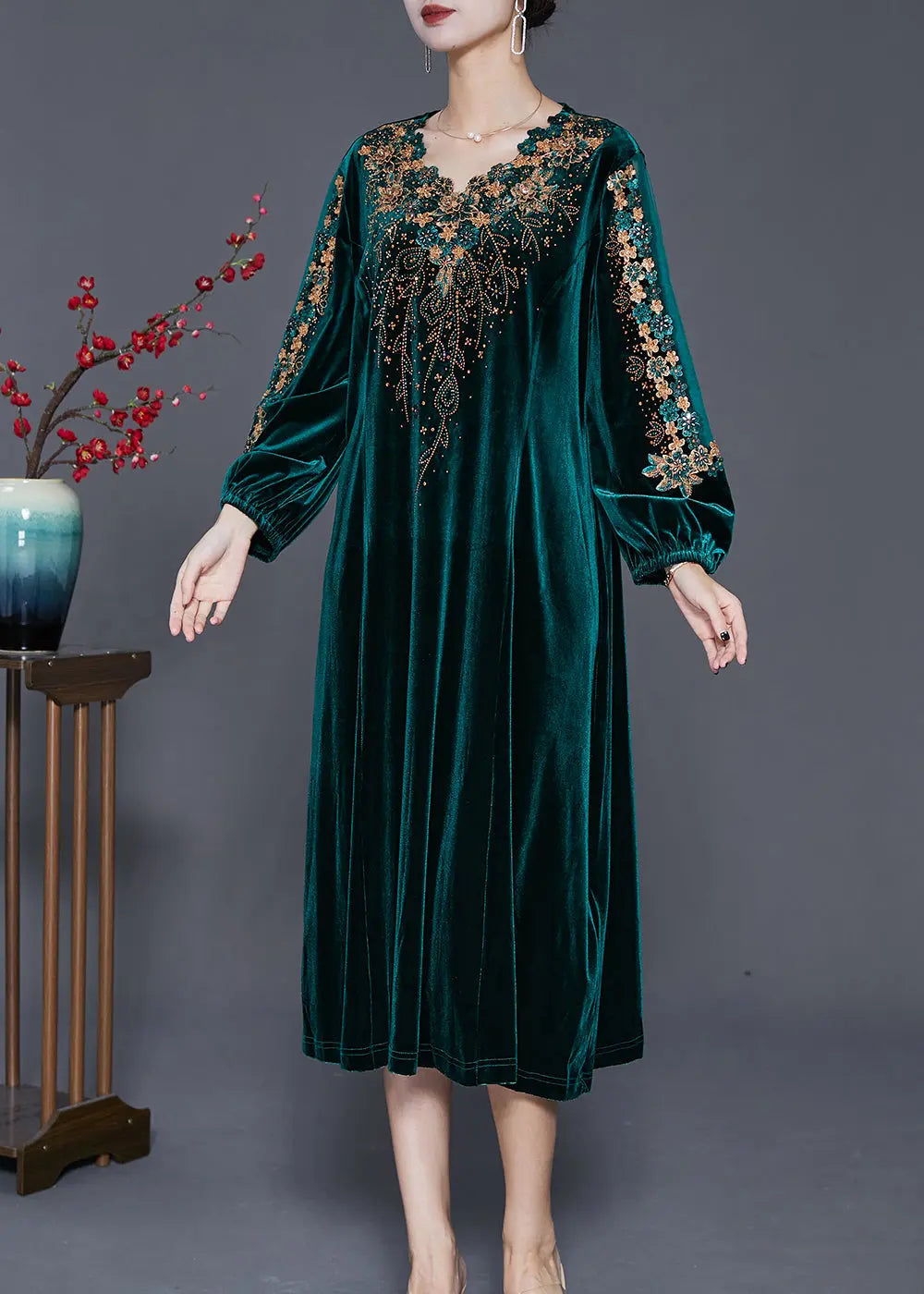 Beautiful Green Embroideried Hollow Out Silk Velour Dress Fall Ada Fashion