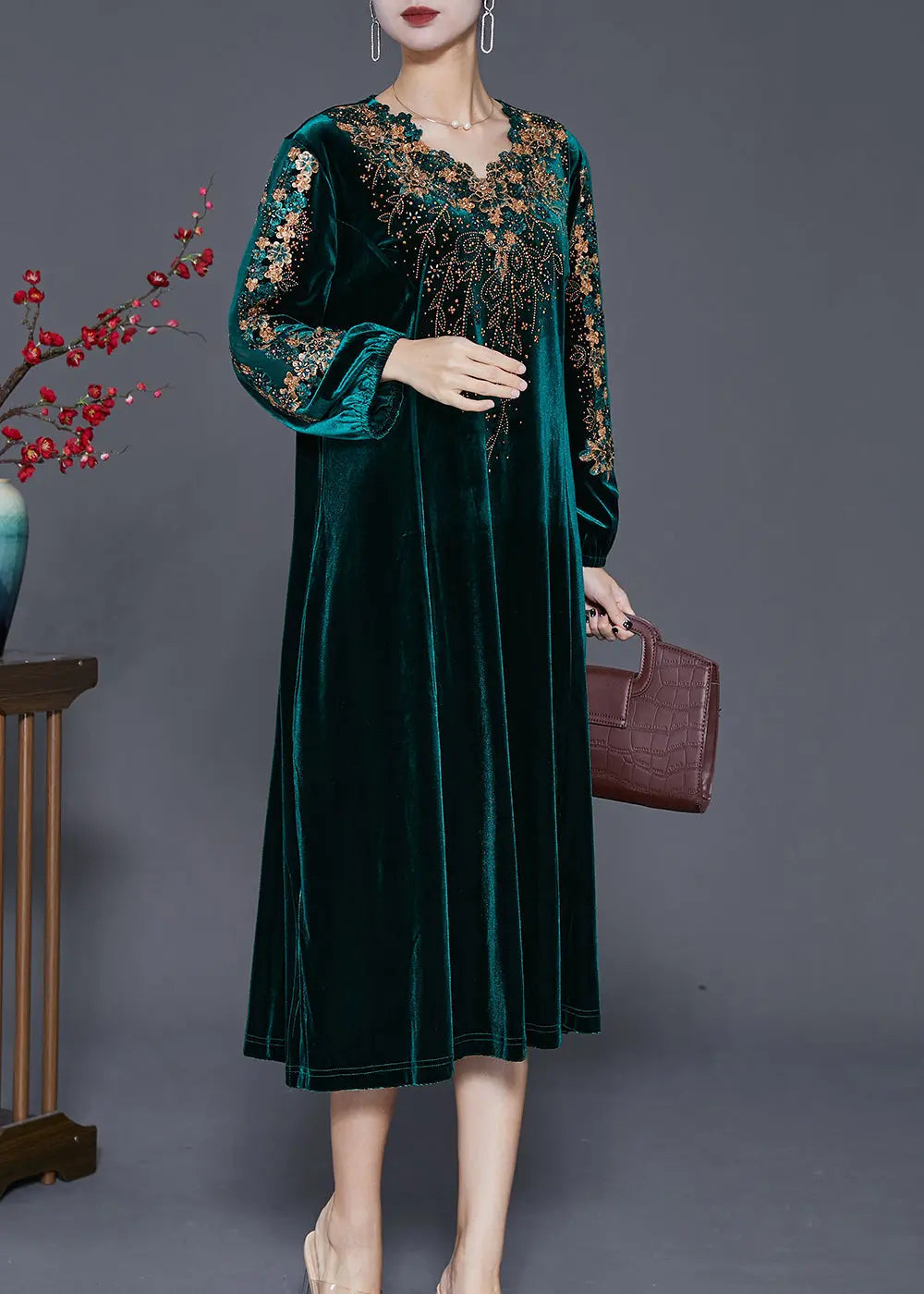 Beautiful Green Embroideried Hollow Out Silk Velour Dress Fall Ada Fashion