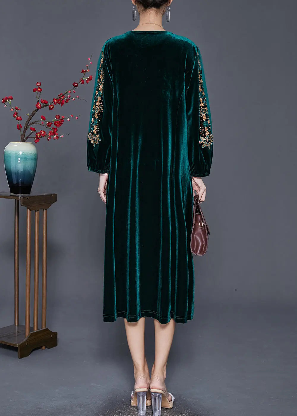 Beautiful Green Embroideried Hollow Out Silk Velour Dress Fall Ada Fashion