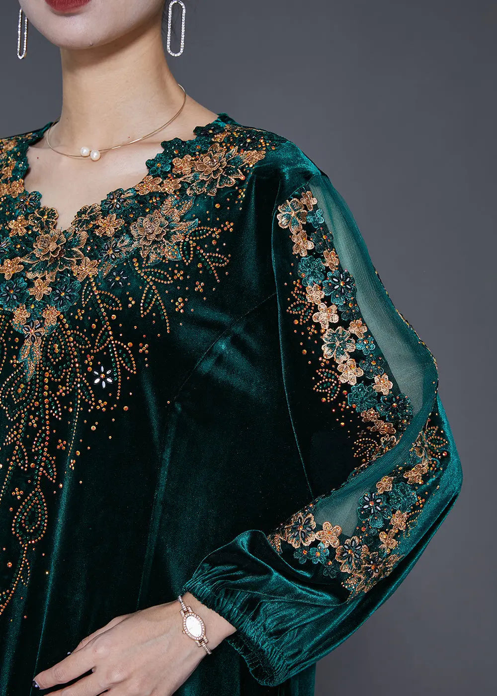 Beautiful Green Embroideried Hollow Out Silk Velour Dress Fall Ada Fashion