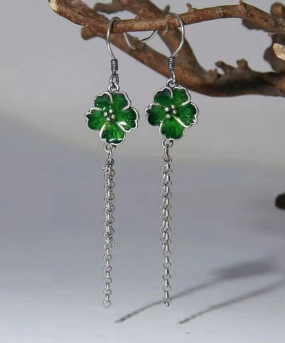 Beautiful Green Floral Tassel Patchwork Silver Drop Earrings Ada Fashion