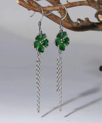 Beautiful Green Floral Tassel Patchwork Silver Drop Earrings Ada Fashion