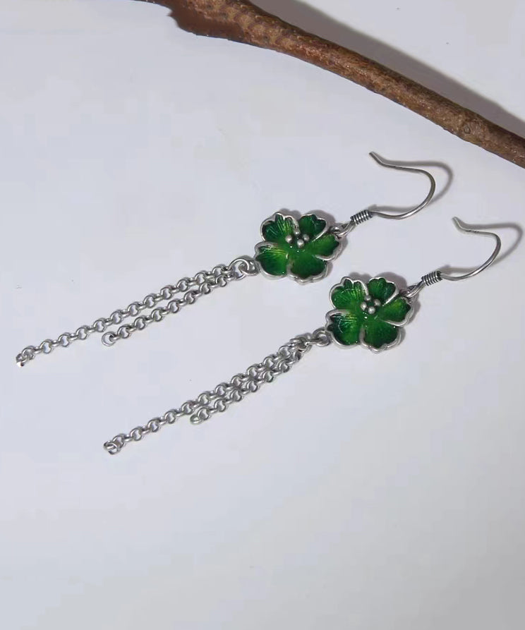 Beautiful Green Floral Tassel Patchwork Silver Drop Earrings Ada Fashion