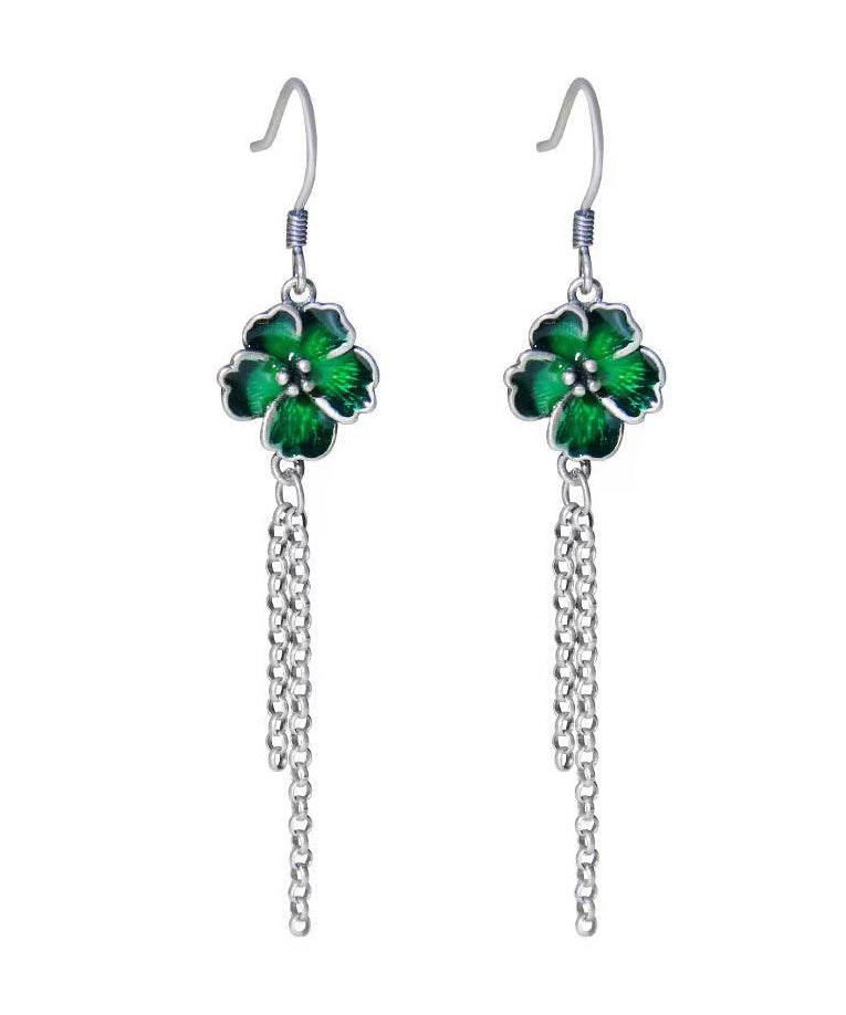 Beautiful Green Floral Tassel Patchwork Silver Drop Earrings Ada Fashion