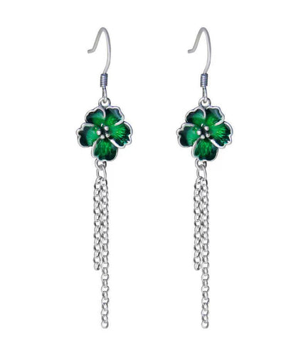 Beautiful Green Floral Tassel Patchwork Silver Drop Earrings Ada Fashion