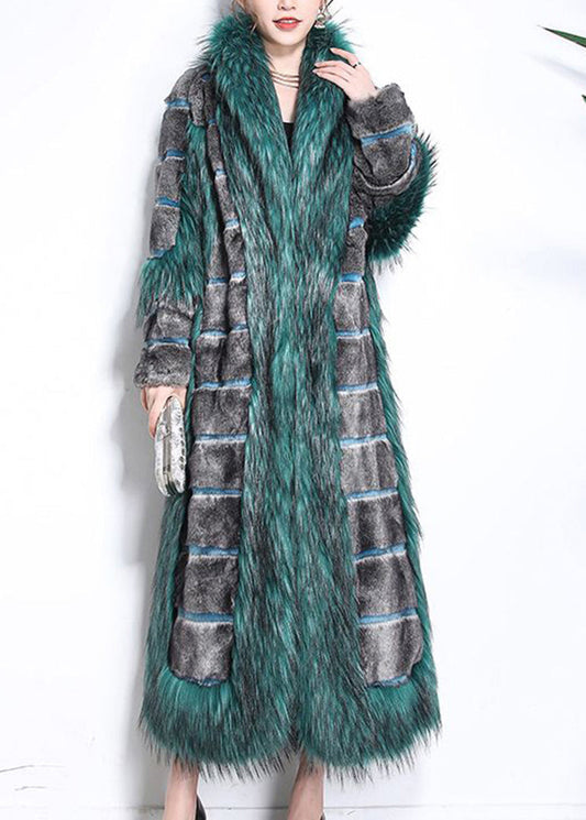 Beautiful Green Fur Collar Patchwork Striped Fuzzy Fur Fluffy Coats Winter Ada Fashion