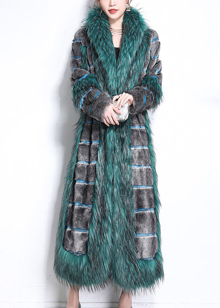 Beautiful Green Fur Collar Patchwork Striped Fuzzy Fur Fluffy Coats Winter Ada Fashion