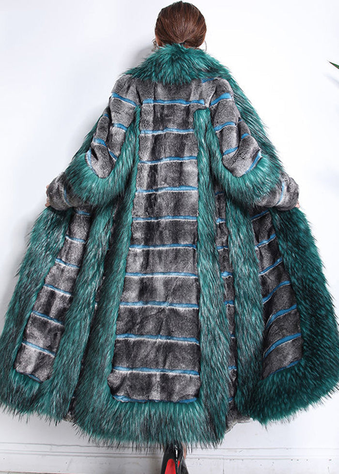 Beautiful Green Fur Collar Patchwork Striped Fuzzy Fur Fluffy Coats Winter Ada Fashion