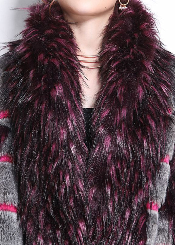 Beautiful Green Fur Collar Patchwork Striped Fuzzy Fur Fluffy Coats Winter Ada Fashion