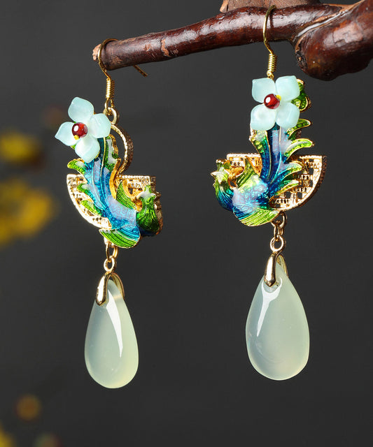 Beautiful Green Jade Cloisonne Synthetic Flower Gem Stone Drip Drop Earrings LY2303