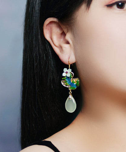 Beautiful Green Jade Cloisonne Synthetic Flower Gem Stone Drip Drop Earrings LY2303 - fabuloryshop