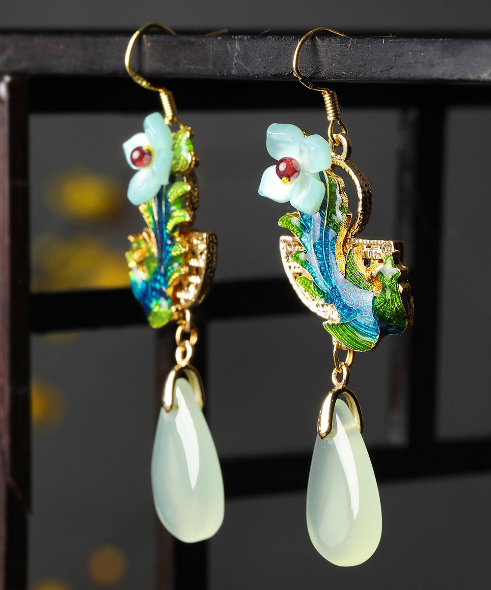 Beautiful Green Jade Cloisonne Synthetic Flower Gem Stone Drip Drop Earrings LY2303 - fabuloryshop